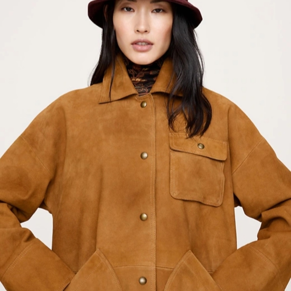 Banana Republic Mango Chest-Pocket Suede Utility Jacket in Camel